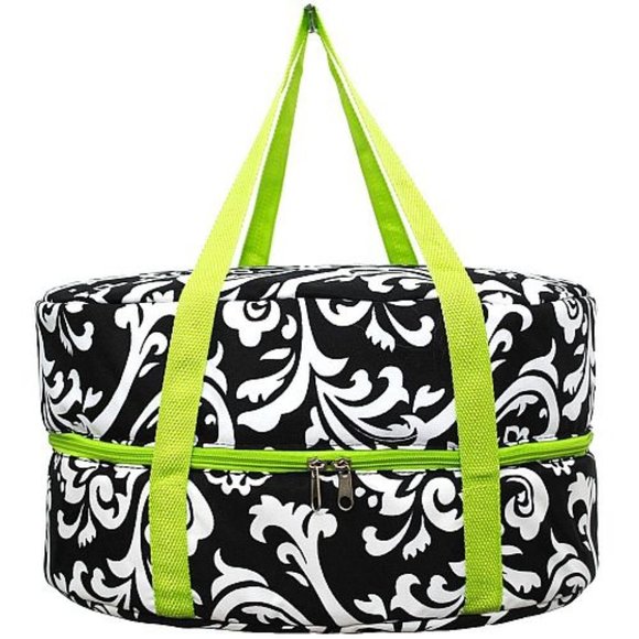 Kitchen Black And Green Damask Insulated Crock Pot Or Dessert Carrier